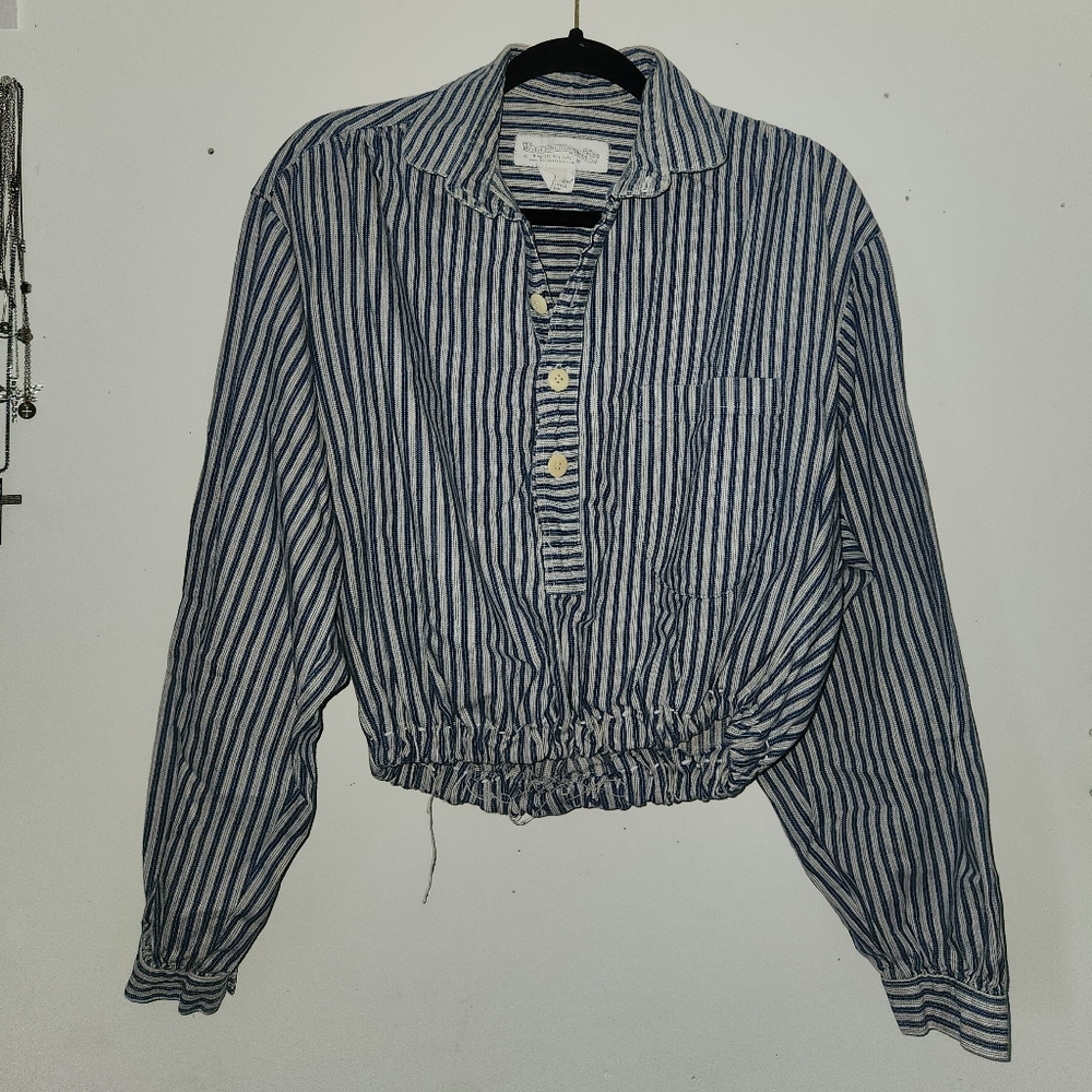 Navy Striped Long Sleeve Button Up Blouse Top